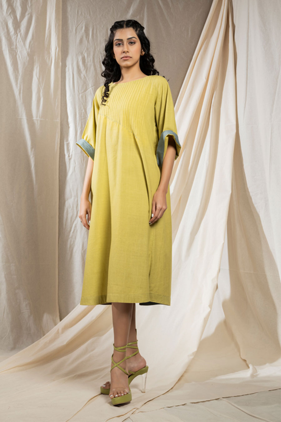 Lime Organic Khadi Pintuck Asymmetric Dress