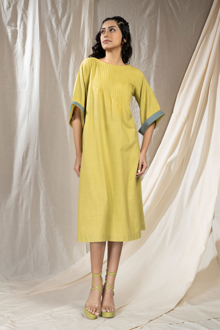 Lime Organic Khadi Pintuck Asymmetric Dress