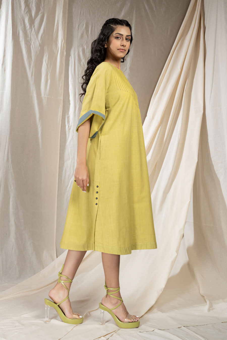 Lime Organic Khadi Pintuck Asymmetric Dress