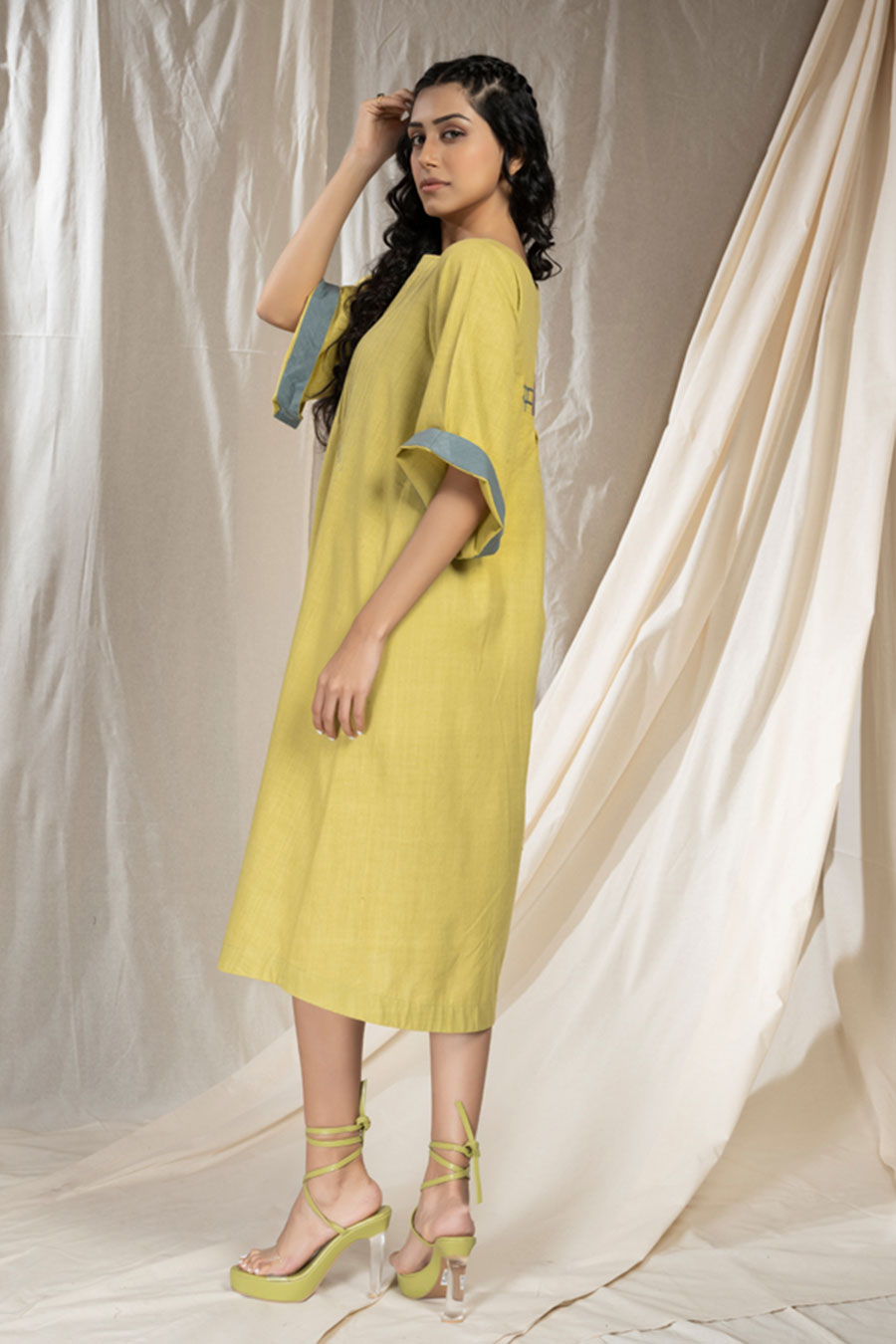 Lime Organic Khadi Pintuck Asymmetric Dress