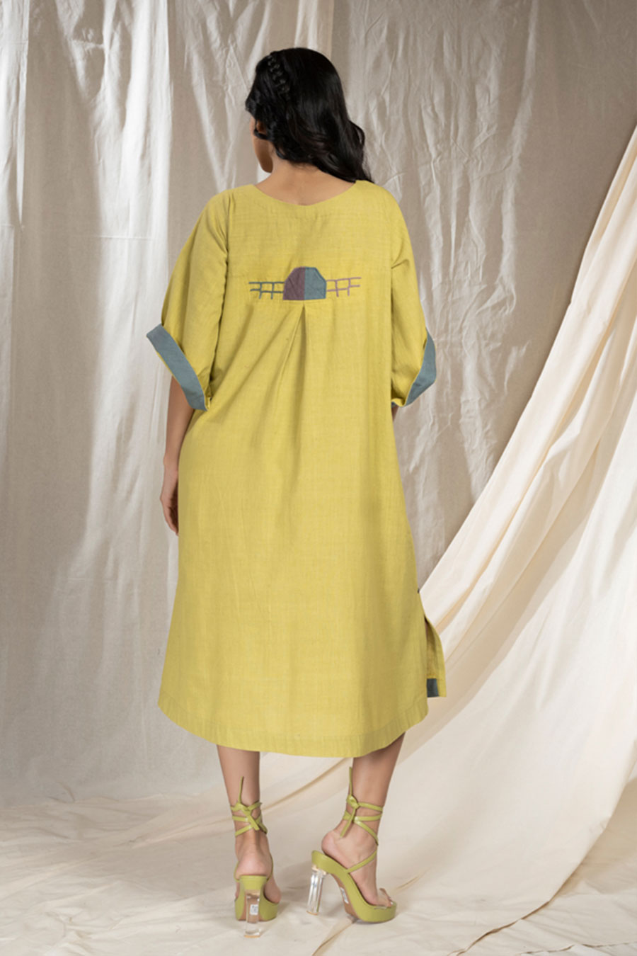 Lime Organic Khadi Pintuck Asymmetric Dress