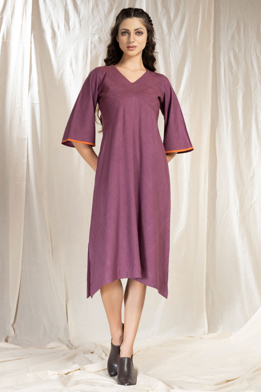 Purple Organic Khadi Pintuck Asymmetric Dress
