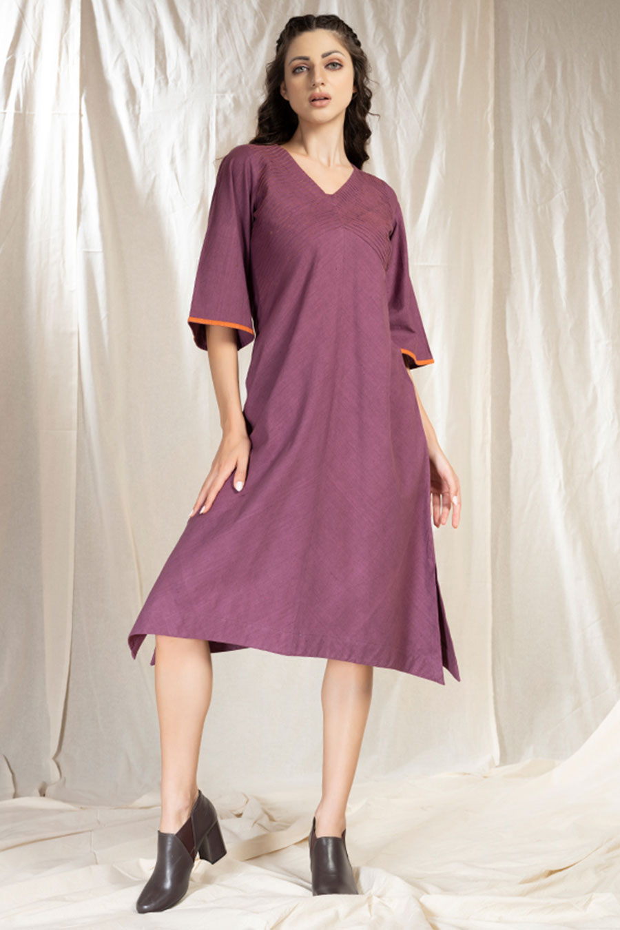 Purple Organic Khadi Pintuck Asymmetric Dress