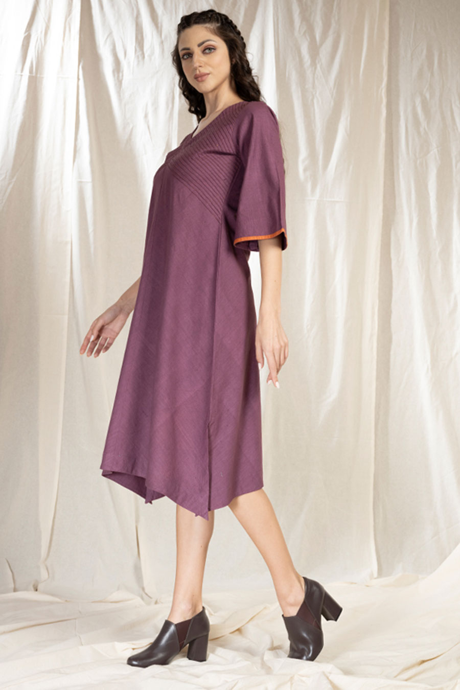 Purple Organic Khadi Pintuck Asymmetric Dress