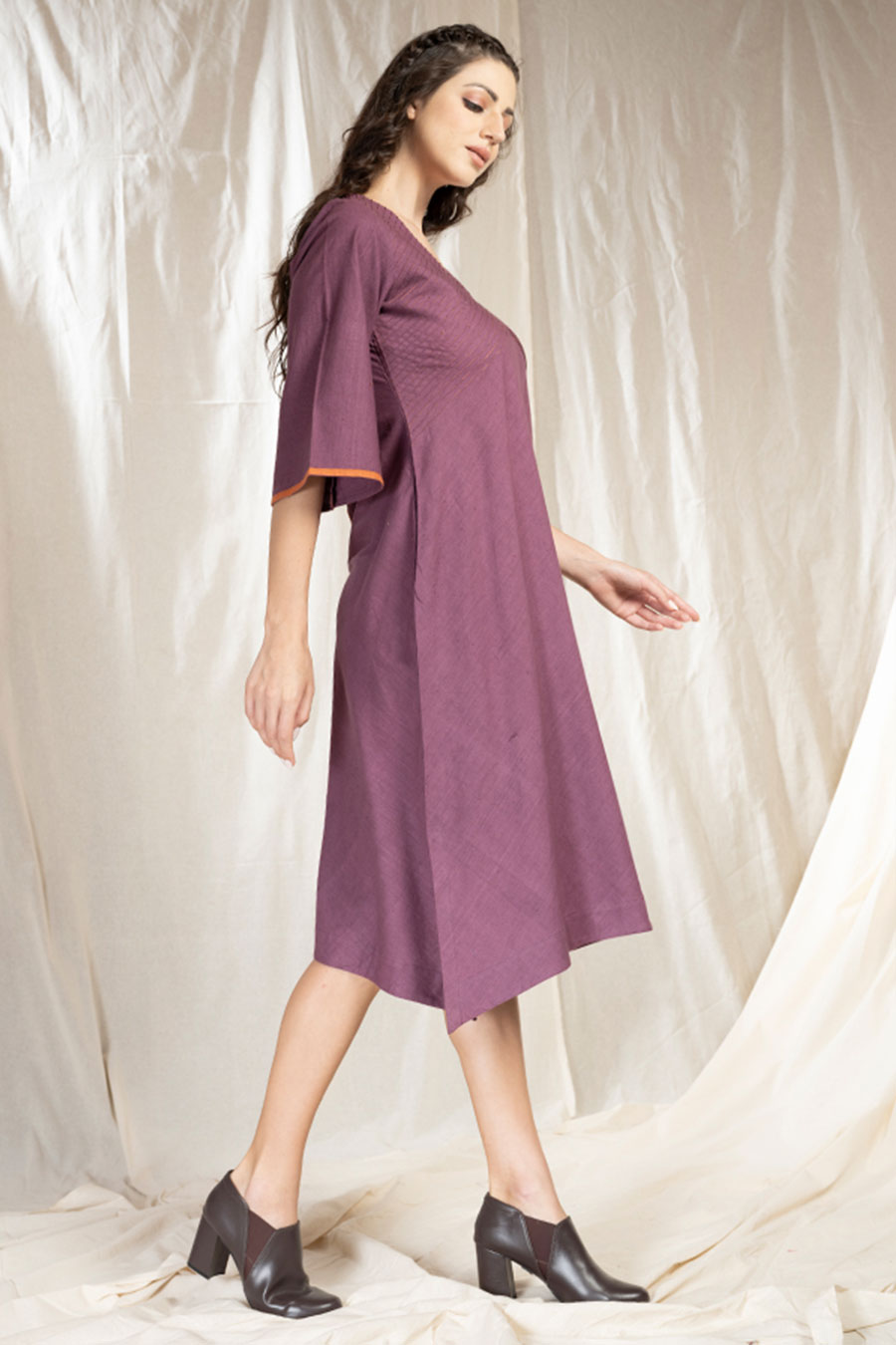 Purple Organic Khadi Pintuck Asymmetric Dress