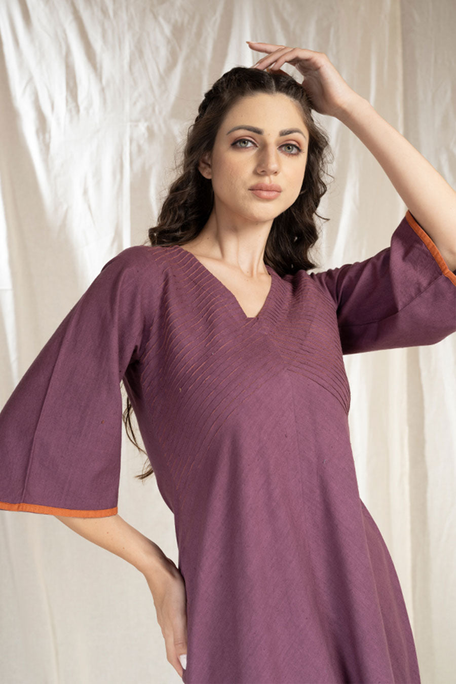 Purple Organic Khadi Pintuck Asymmetric Dress