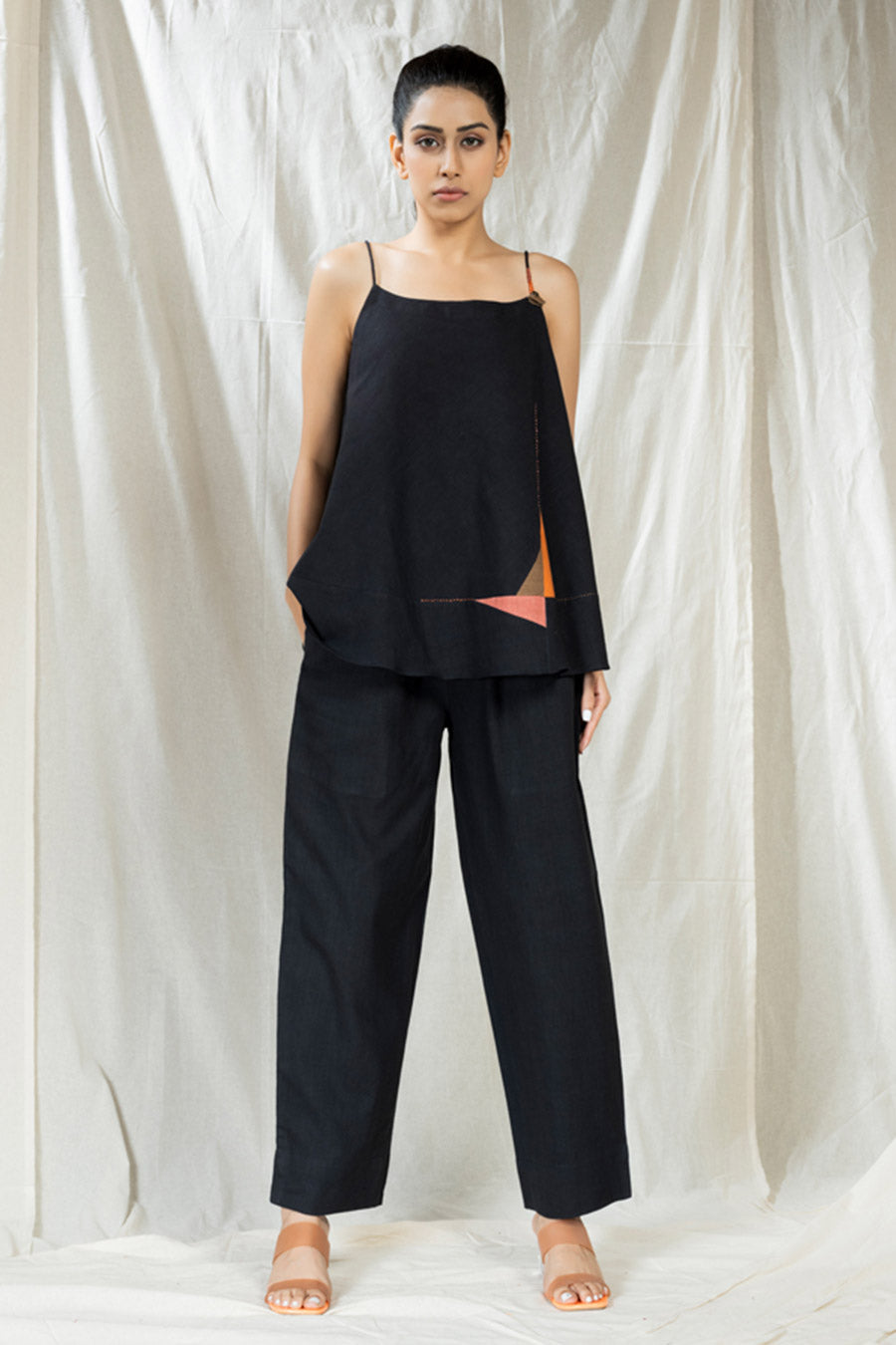 Black Organic Khadi Appliqué Spaghetti Co-Ord Set