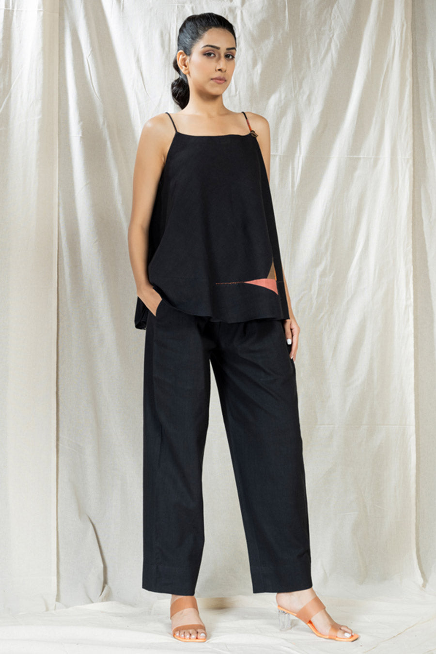 Black Organic Khadi Appliqué Spaghetti Co-Ord Set