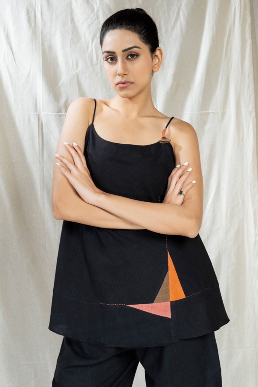 Black Organic Khadi Appliqué Spaghetti Co-Ord Set