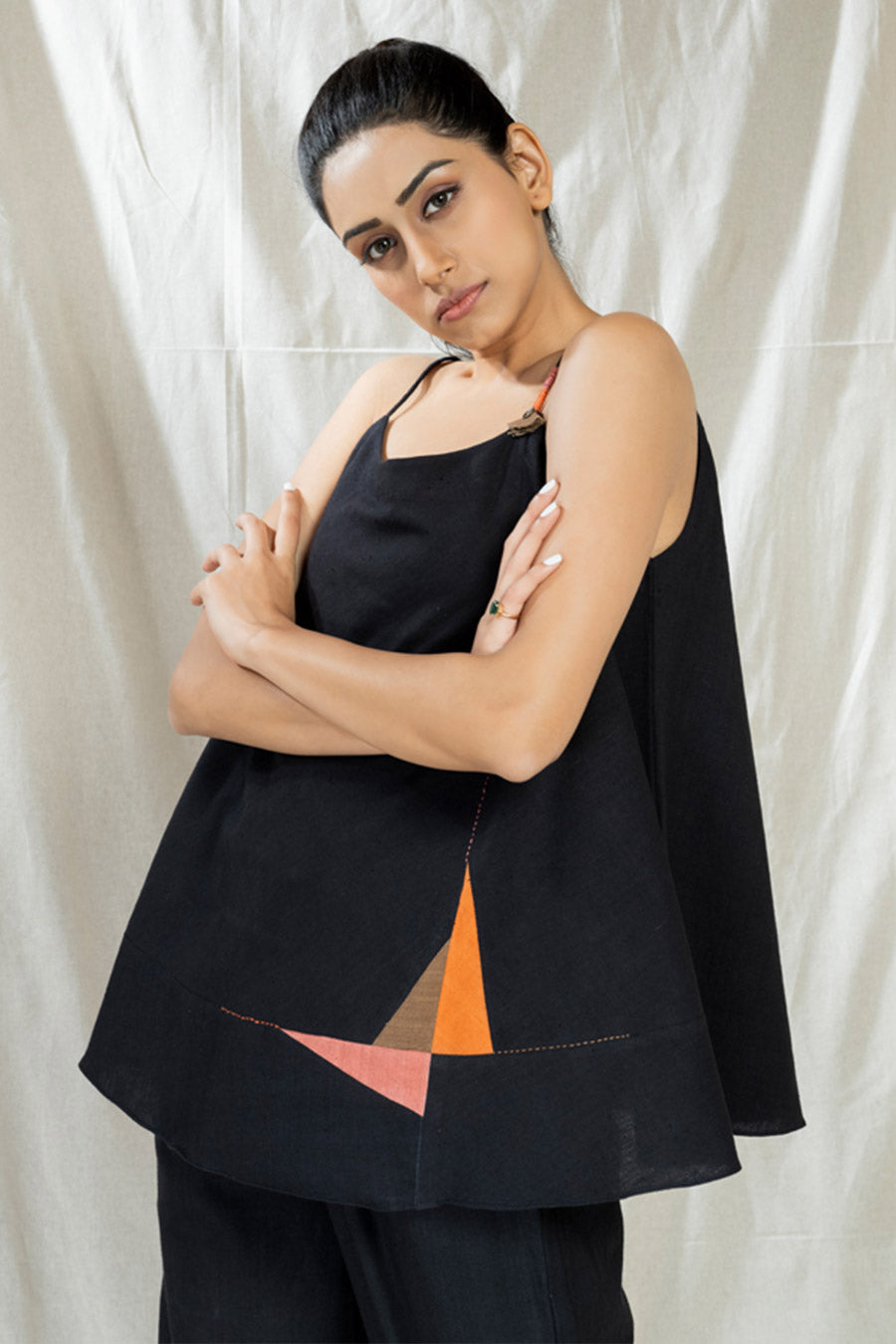 Black Organic Khadi Appliqué Spaghetti Co-Ord Set