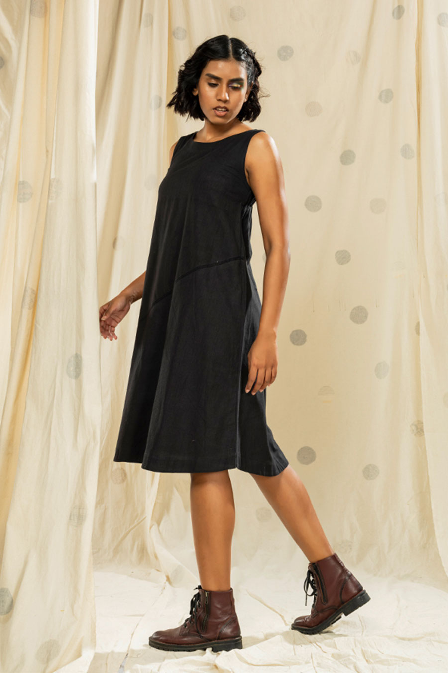 Black Organic Khadi Sleeveless Midi Dress