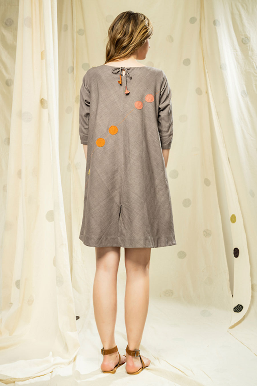 Grey Organic Khadi Polka Appliqué Short Dress