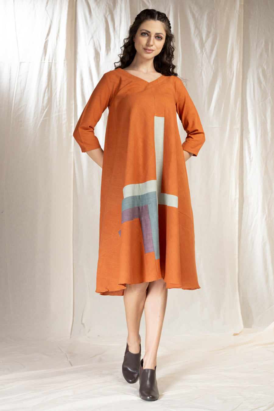 Orange Organic Khadi Colour Block Midi Dress