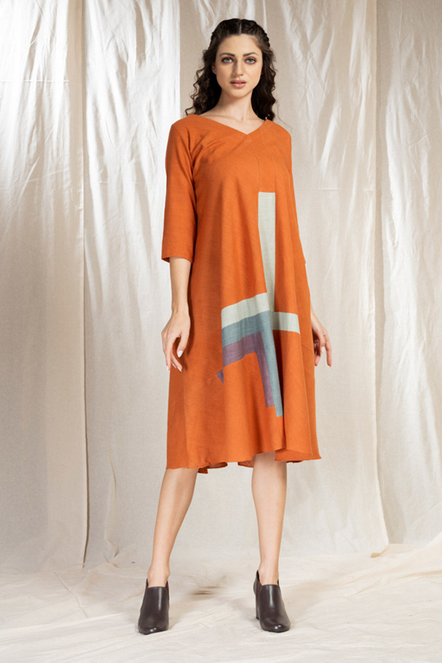 Orange Organic Khadi Colour Block Midi Dress