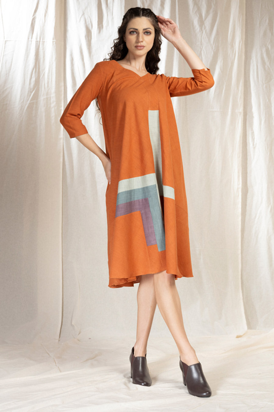 Orange Organic Khadi Colour Block Midi Dress