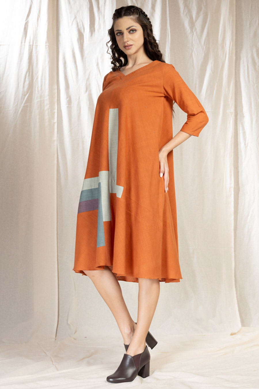 Orange Organic Khadi Colour Block Midi Dress