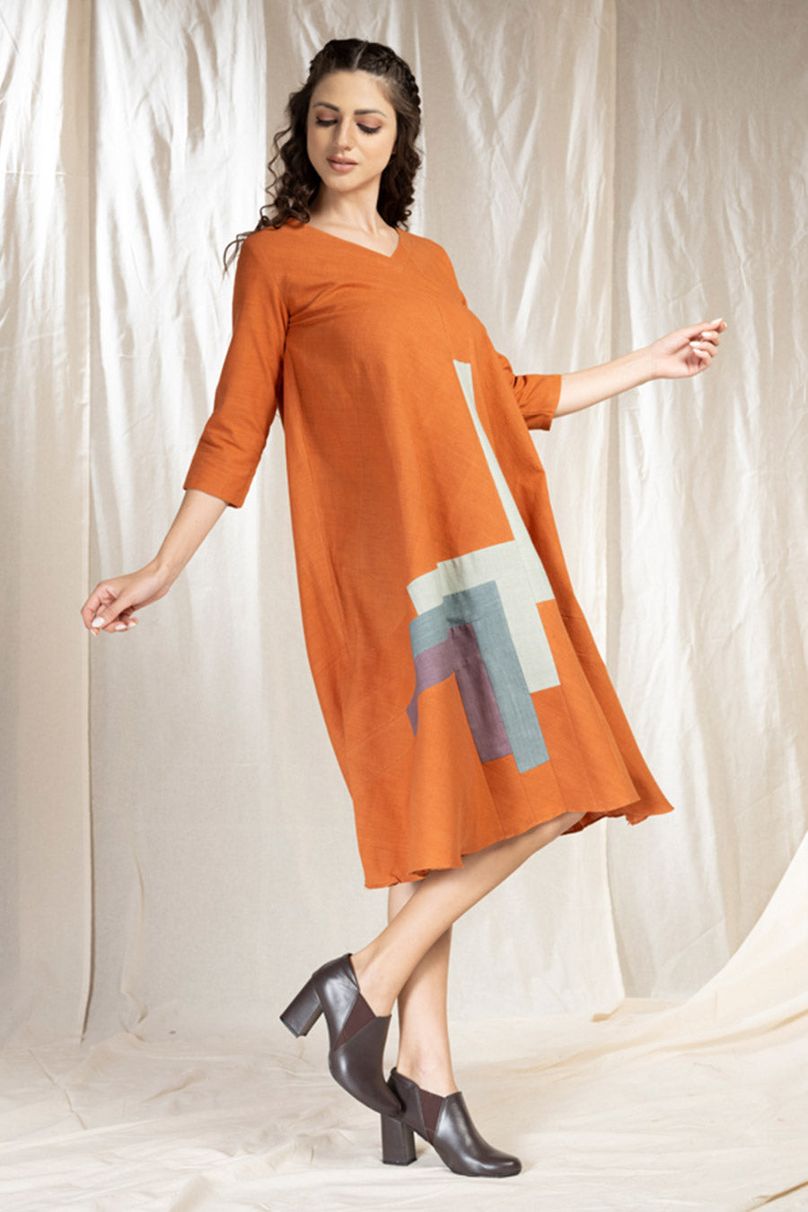 Orange Organic Khadi Colour Block Midi Dress