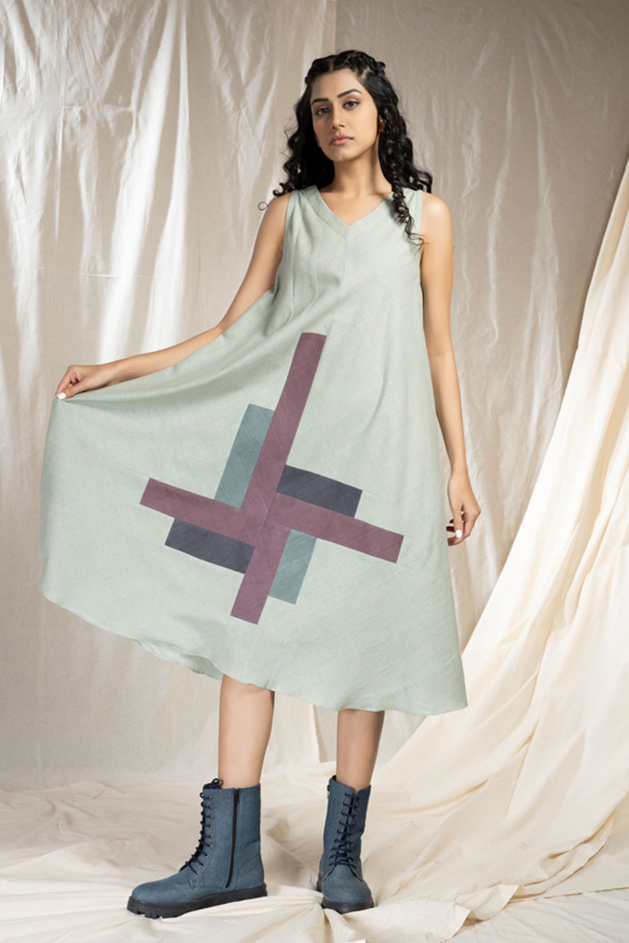 Green Organic Khadi Colour Block Midi Dress