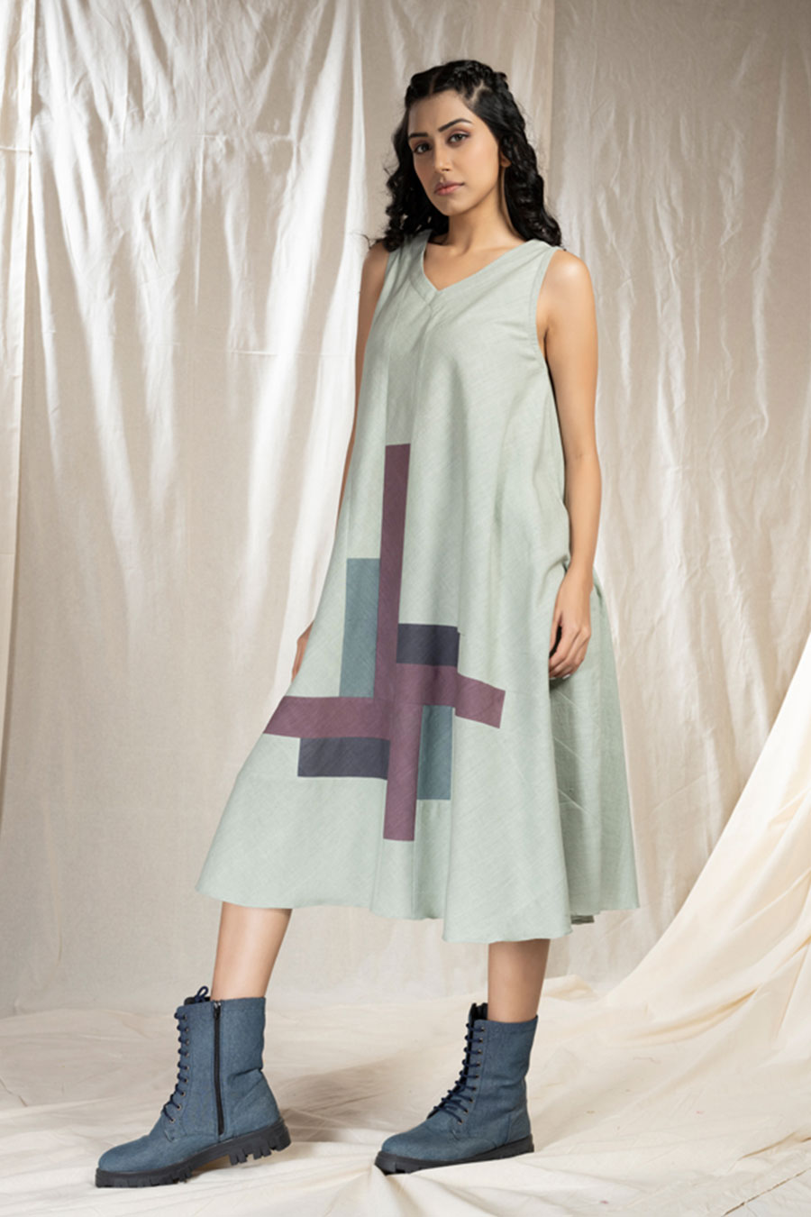 Green Organic Khadi Colour Block Midi Dress
