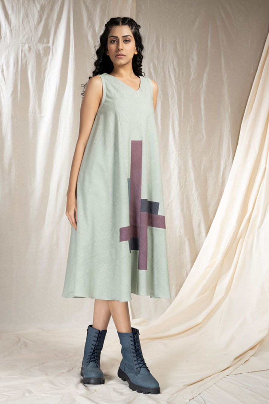 Green Organic Khadi Colour Block Midi Dress