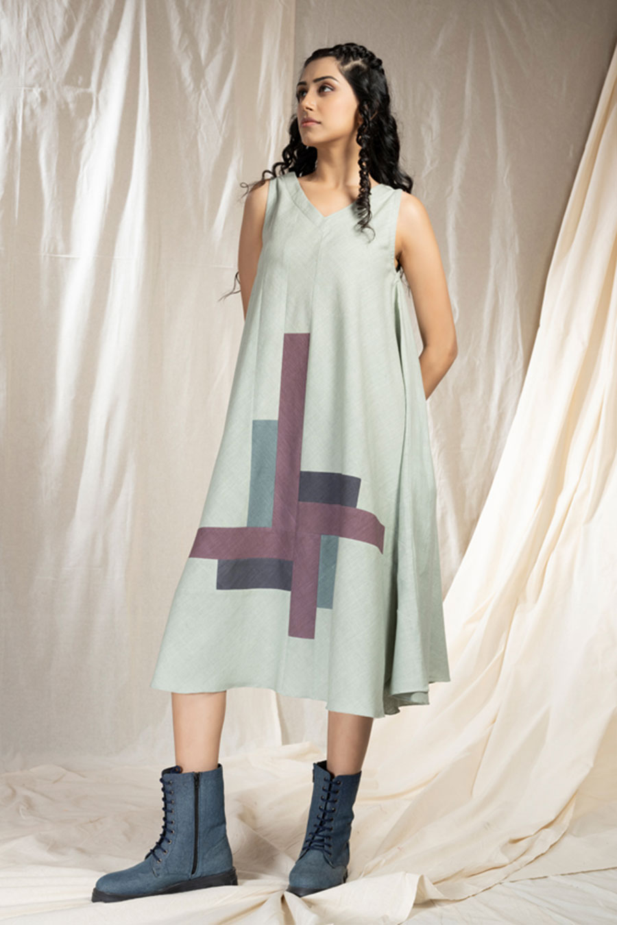 Green Organic Khadi Colour Block Midi Dress