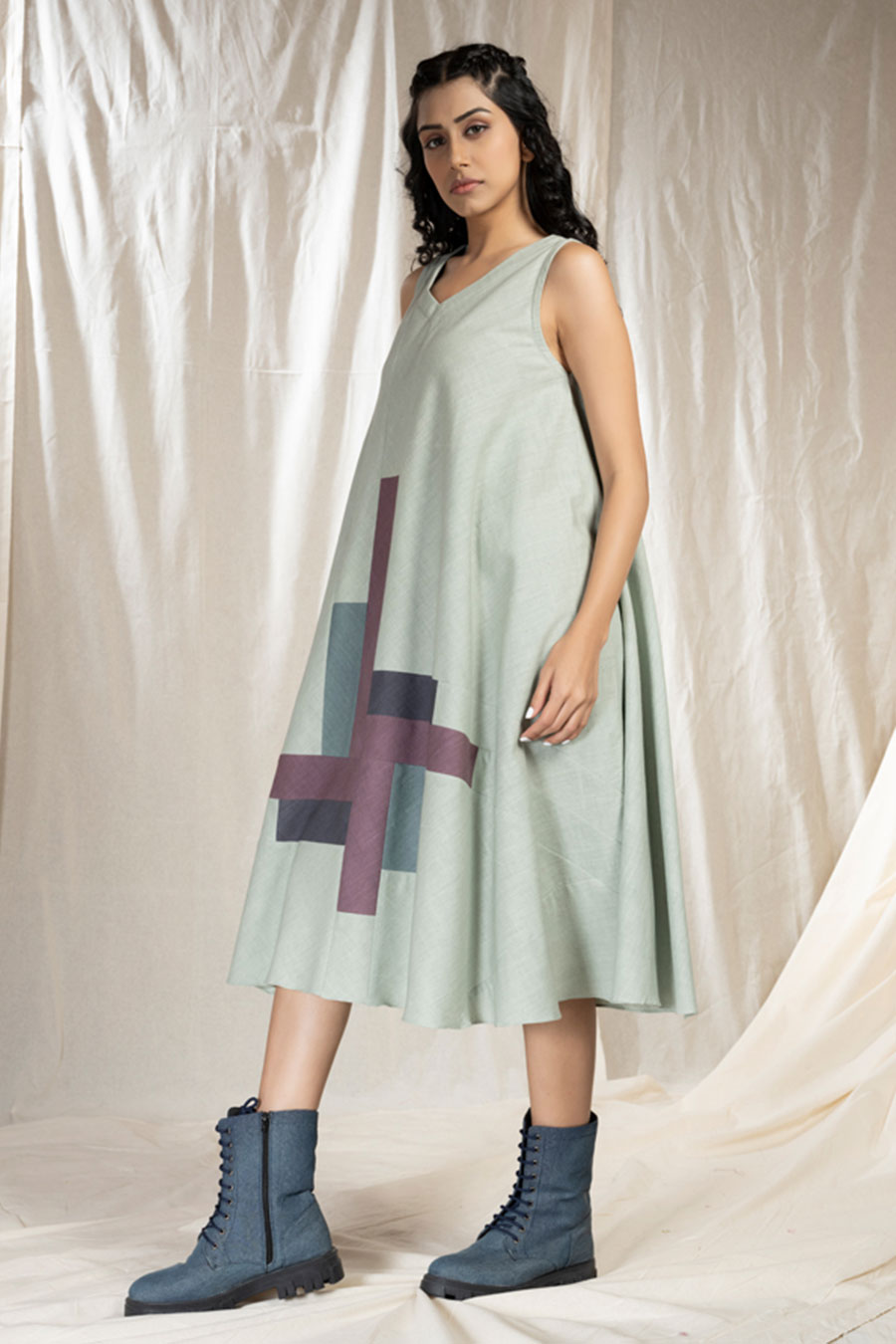 Green Organic Khadi Colour Block Midi Dress