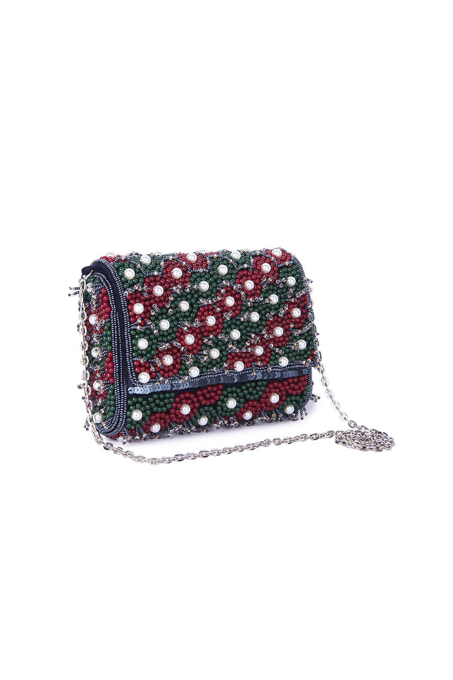 Green & Red Taahira Embroidered Clutch