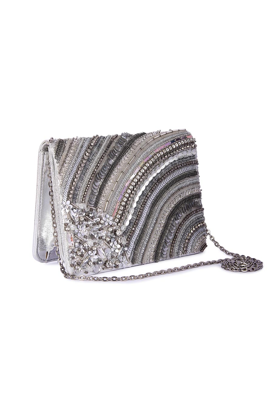 Silver Sheel Hand-Embroidered Clutch