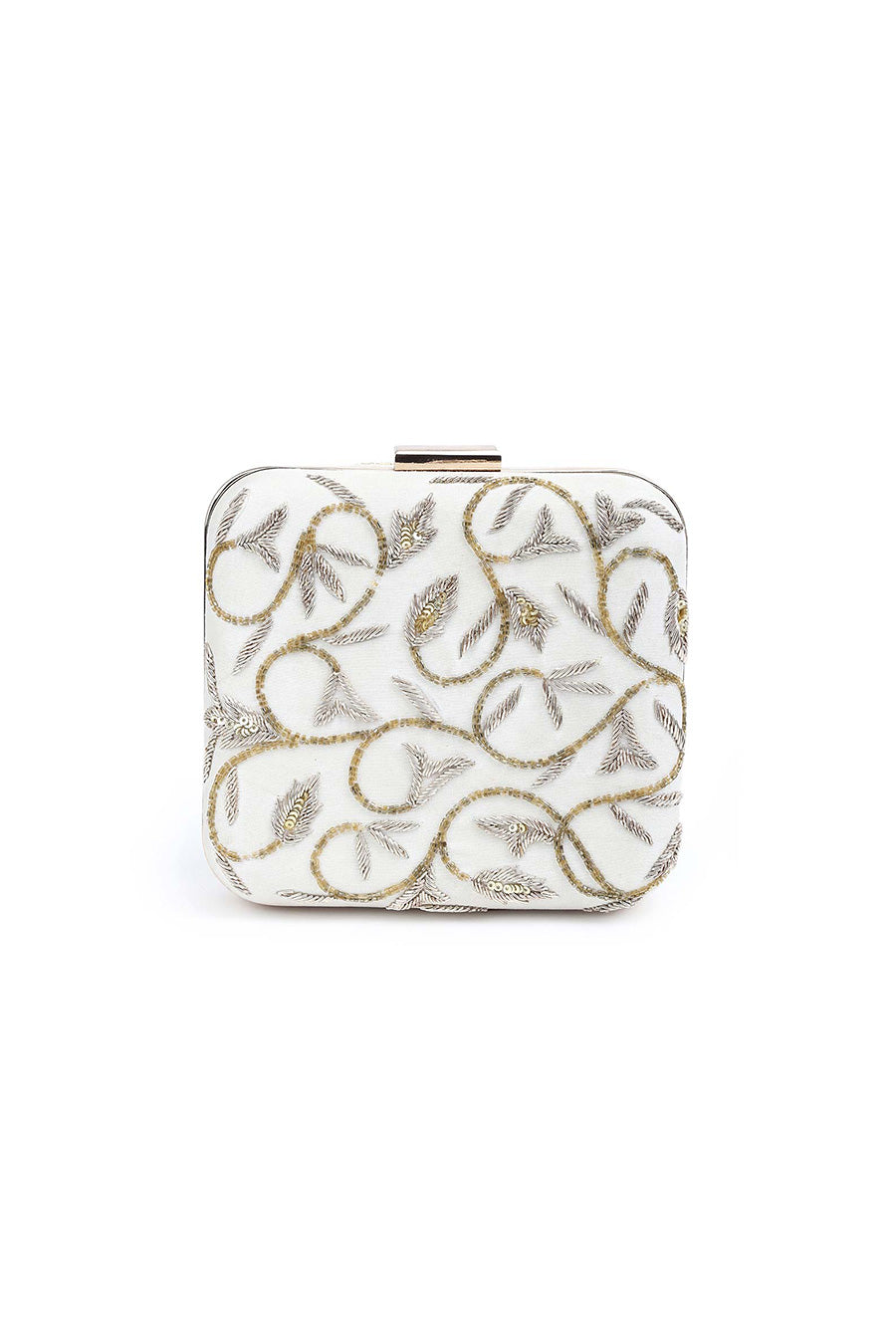 Beige Vino Hand-Embroidered Box Clutch