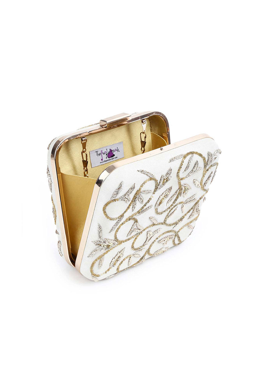 Beige Vino Hand-Embroidered Box Clutch
