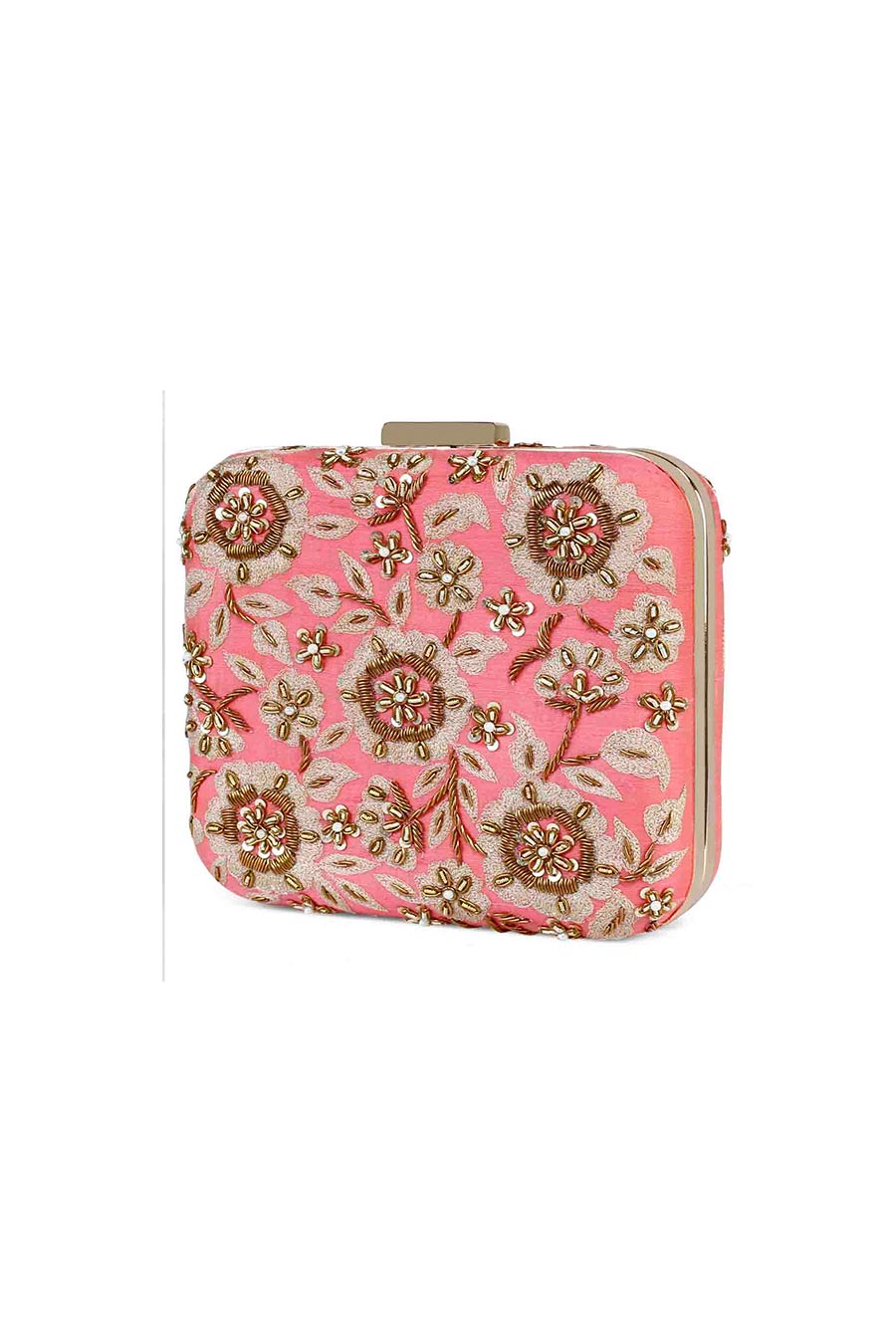 Coral Zardosi Embroidered Box Clutch
