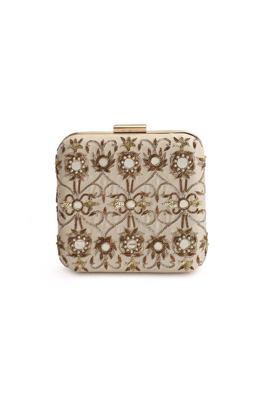 Beige Mirrorwork Box Clutch