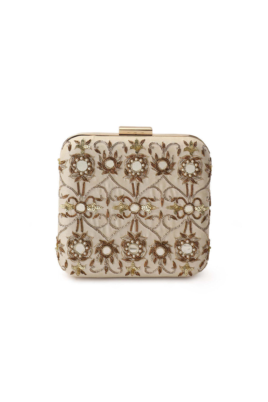 Beige Mirrorwork Box Clutch