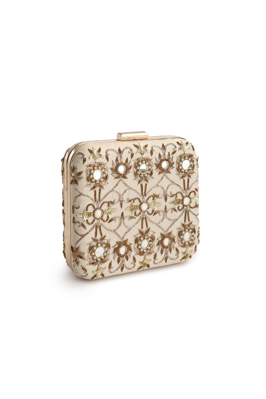 Beige Mirrorwork Box Clutch