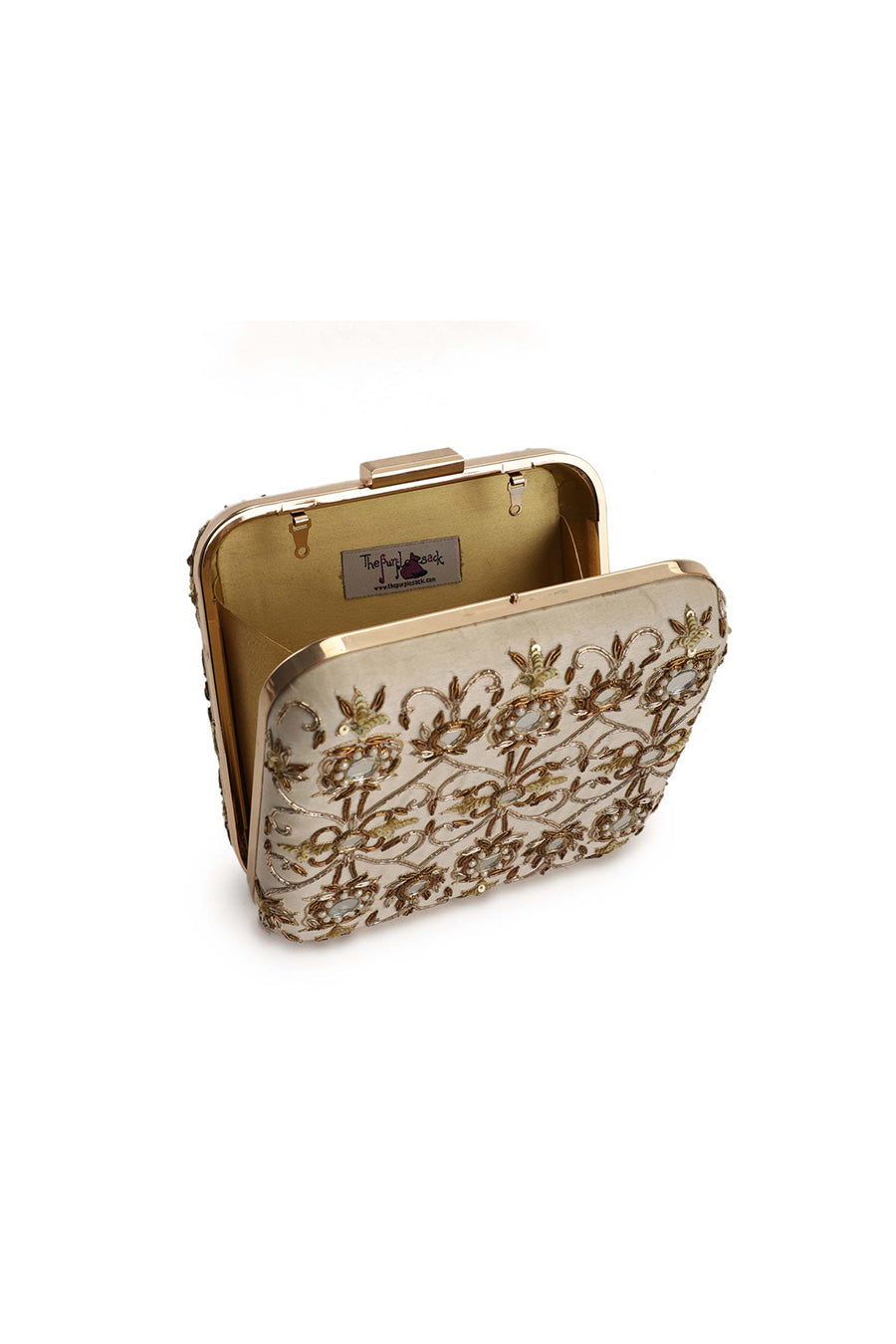 Beige Mirrorwork Box Clutch