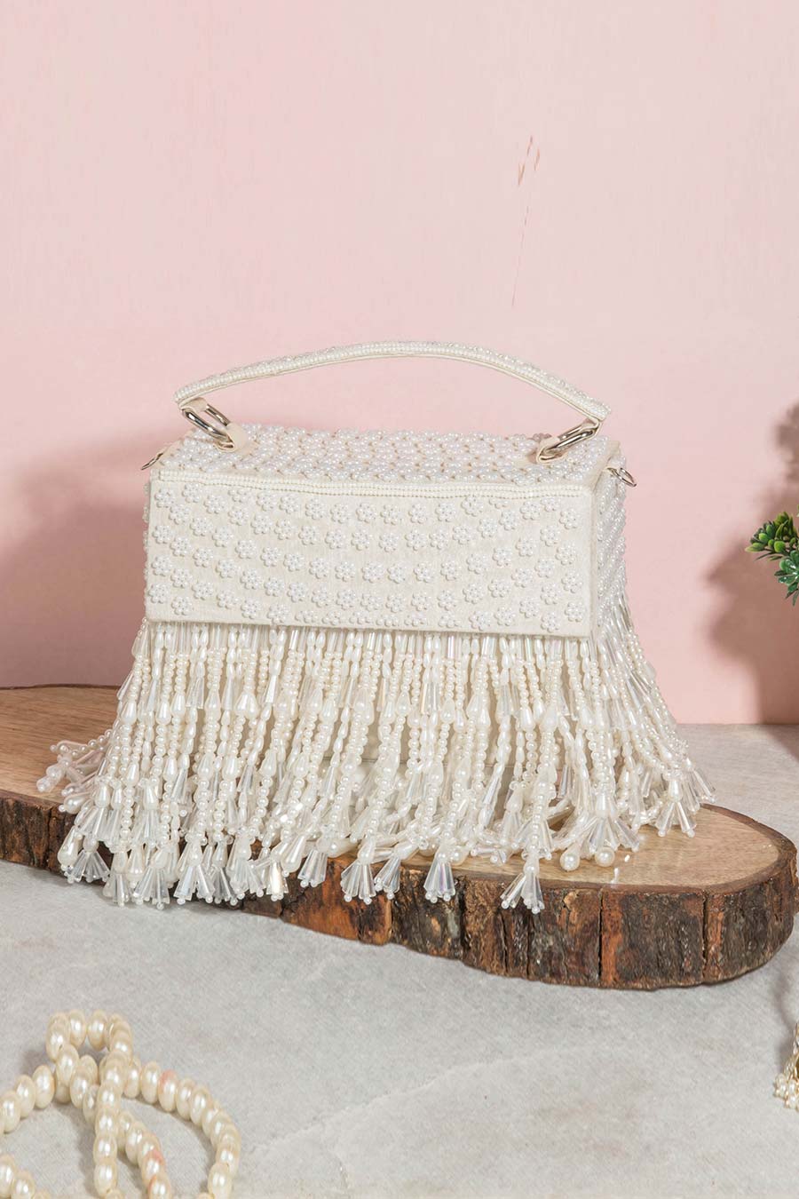 White Apsara Pearl Embroidered Clutch