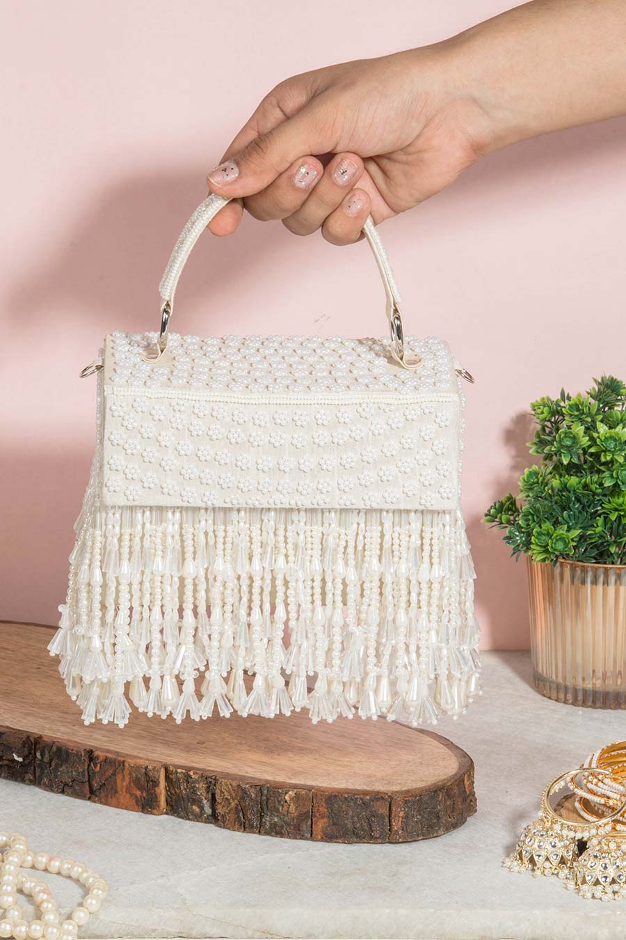 White Apsara Pearl Embroidered Clutch