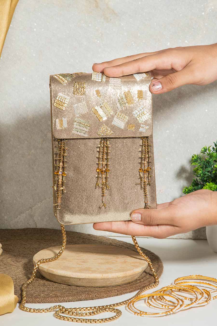 Gold Nagma Sequins Embroidered Sling Bag
