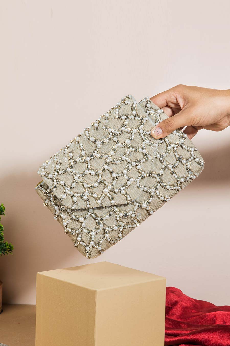 Grey Shine Pearl & Sequins Embroidered Clutch