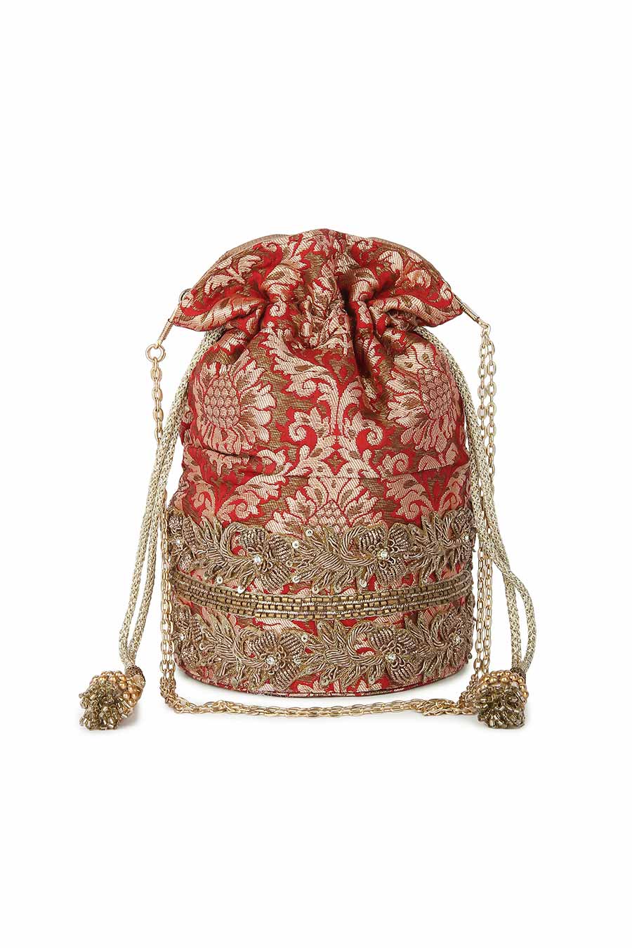 Red Brocade Hand-Embroidered Potli