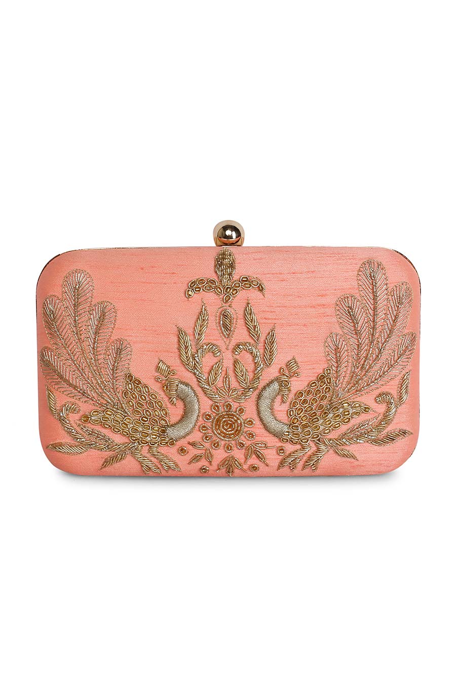 Peach Peacock Embroidered Box Clutch