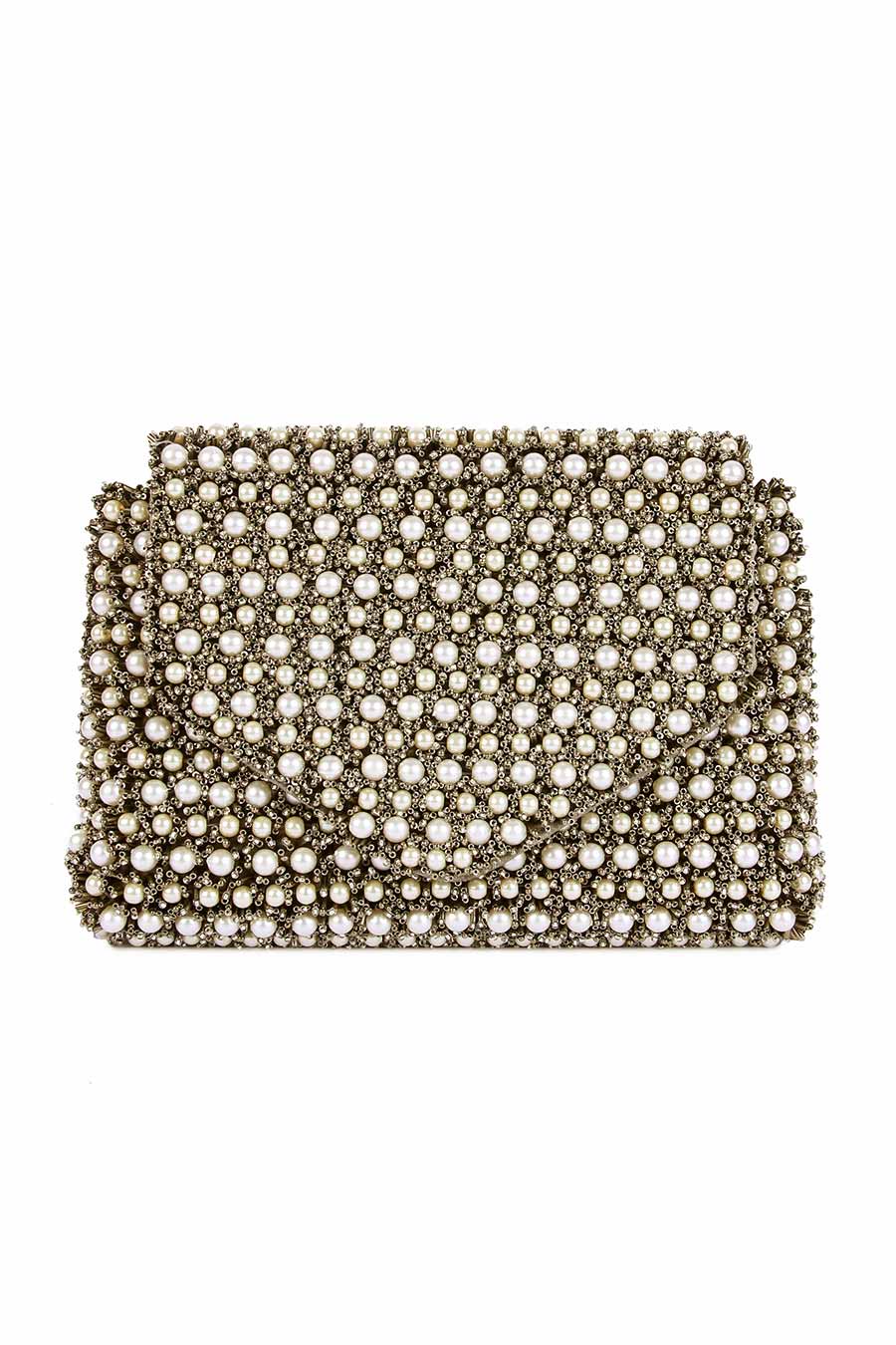 Bronze Pearl & Beads Hand-Embroidered Clutch