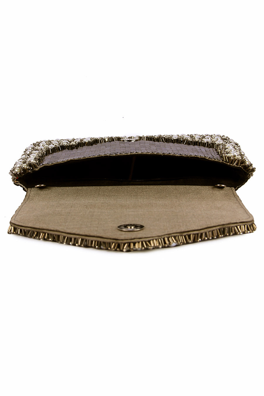 Bronze Pearl & Beads Hand-Embroidered Clutch
