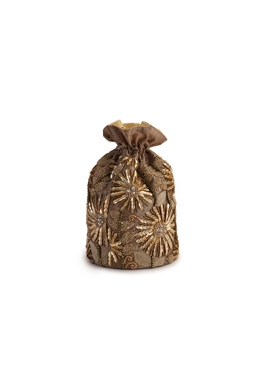Brown Kaapi Flower Hand-Embroidered Potli