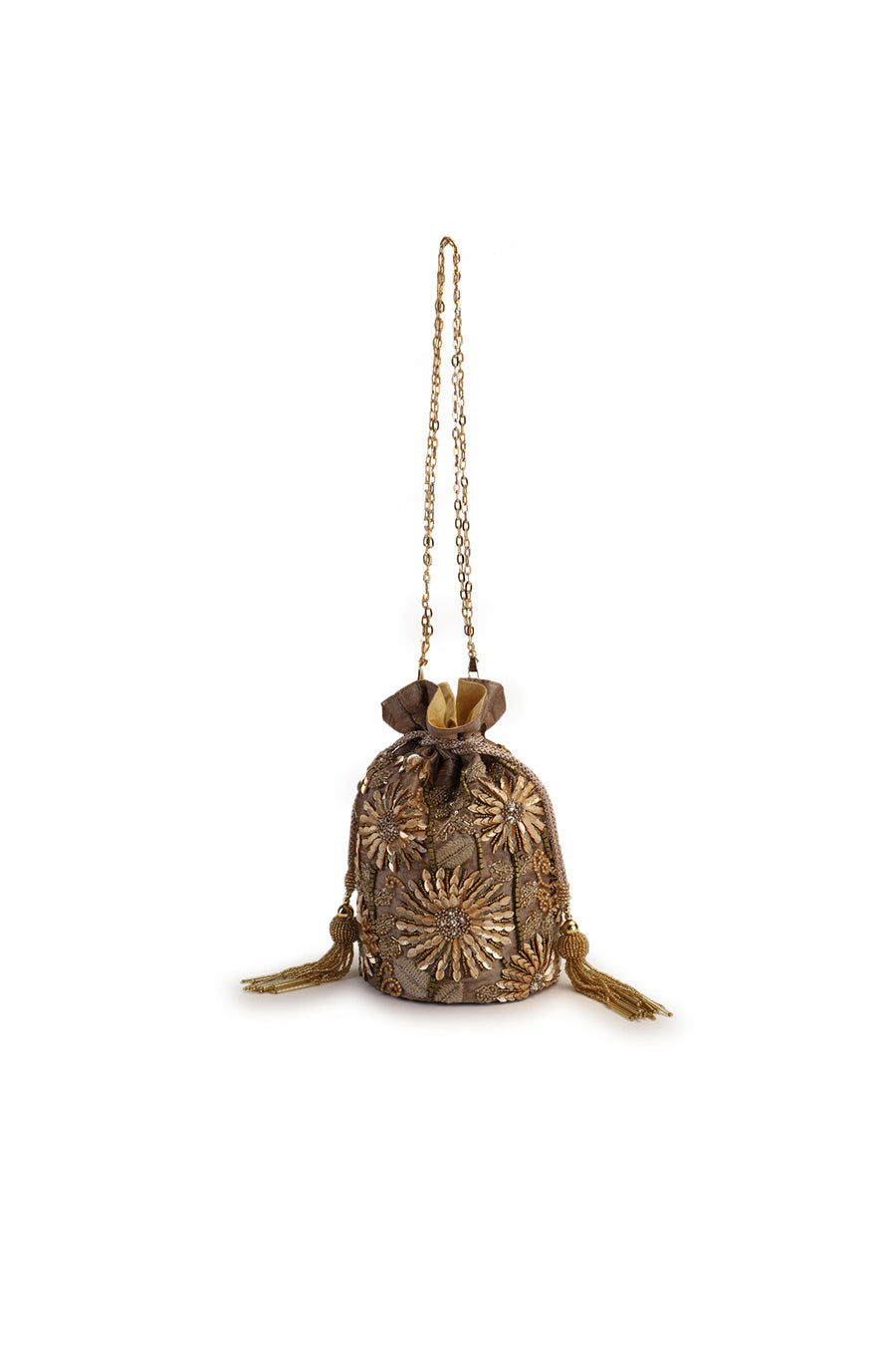 Brown Kaapi Flower Hand-Embroidered Potli