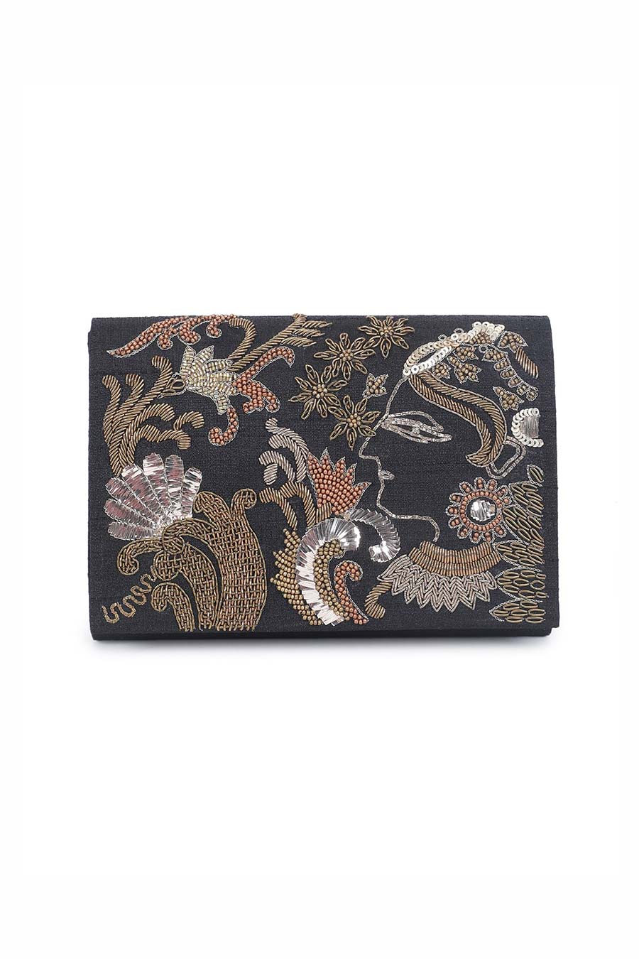 Black Mughal Empress Hand-Embroidered Clutch