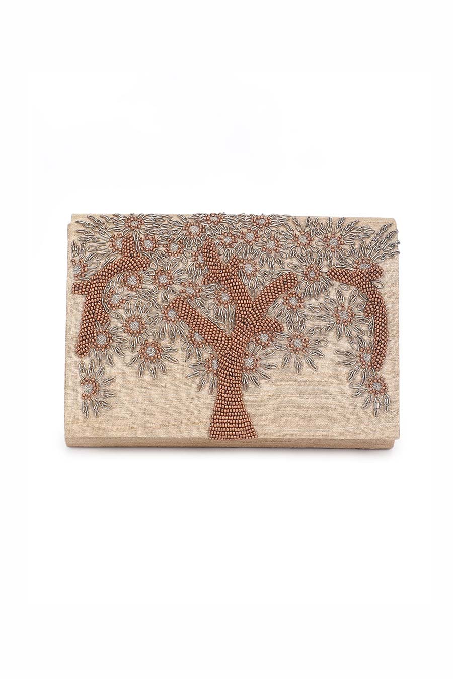 Beige Tree Hand-Embroidered Clutch
