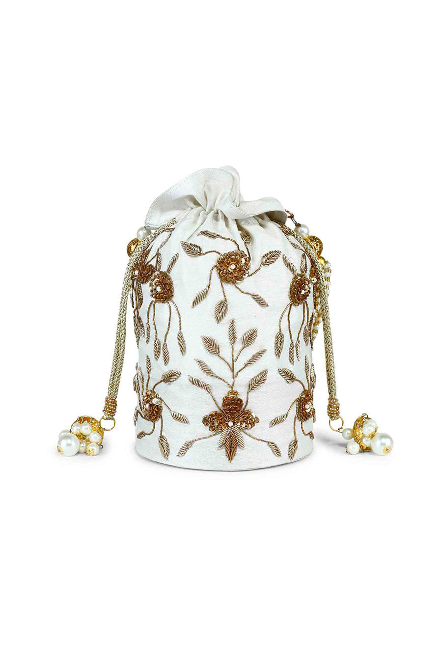 White Eleganza Floral Hand-Embroidered Potli