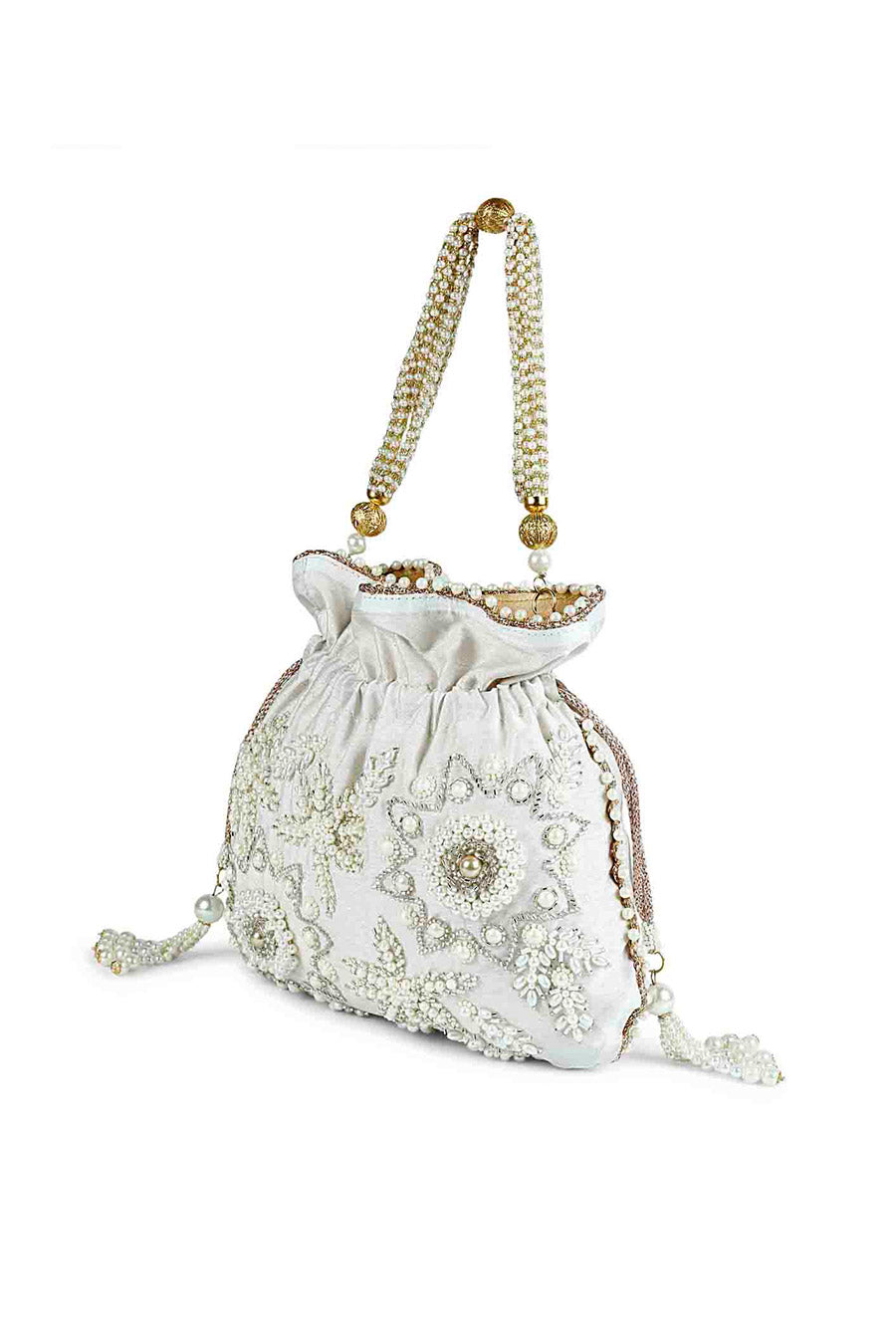 White Pearly Hand-Embroidered Potli