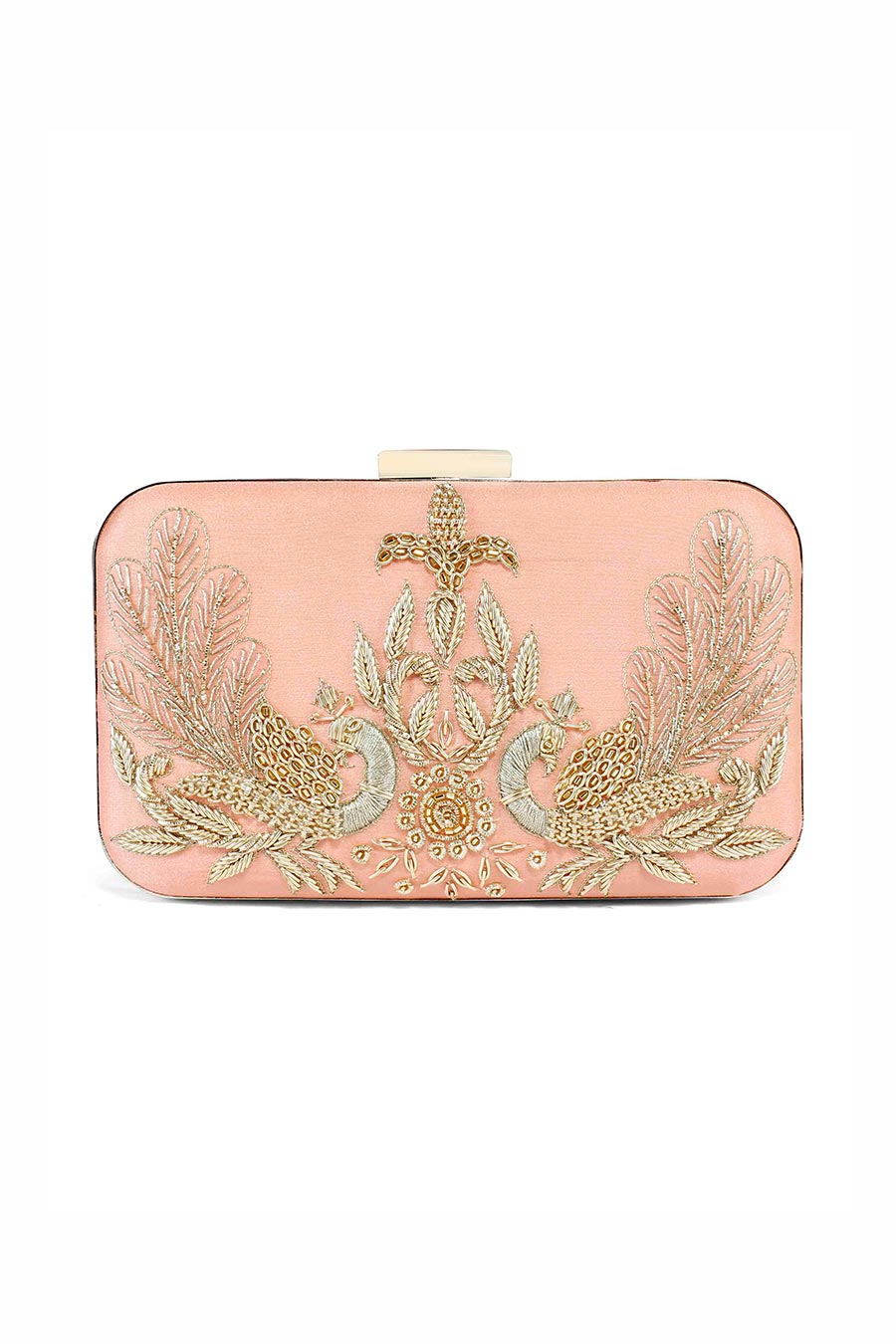 Peach Peacock Hand-Embroidered Clutch